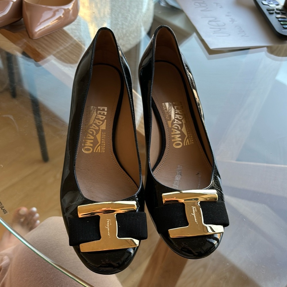 Salvatore Ferragamo Black and Gold Heels